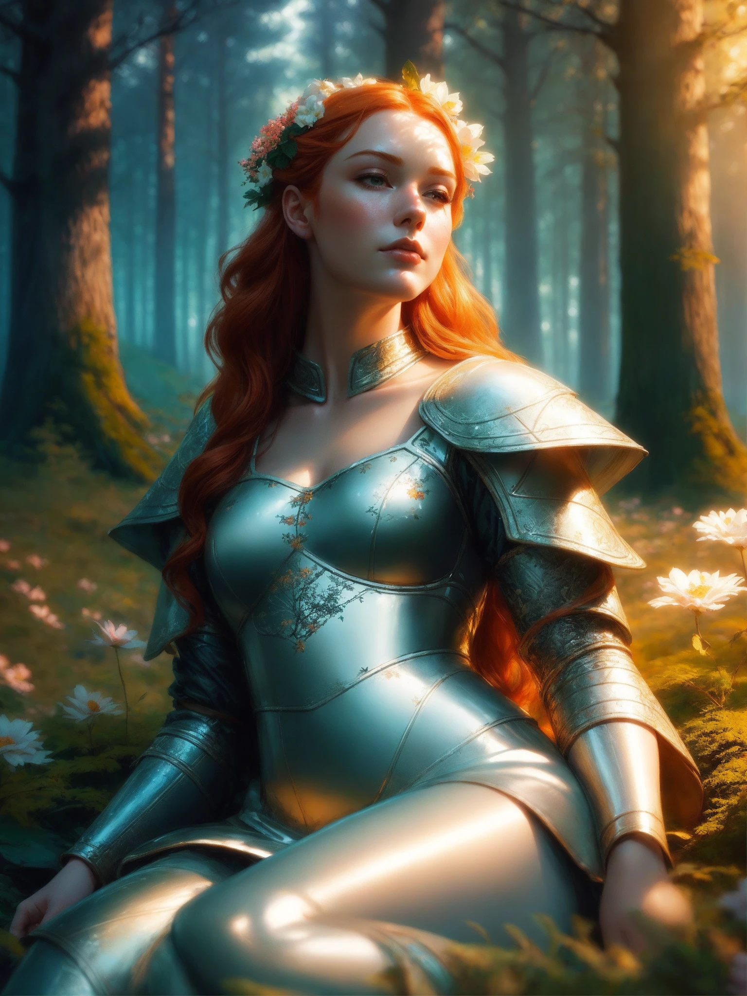 ((one)) ginger nordic giantess is resting in a flowery forest clearing, sunset, soft lighting, digital photography, art by artgerm and ruan jia and greg rutkowski, surreal painting, masterpiece, hdr,