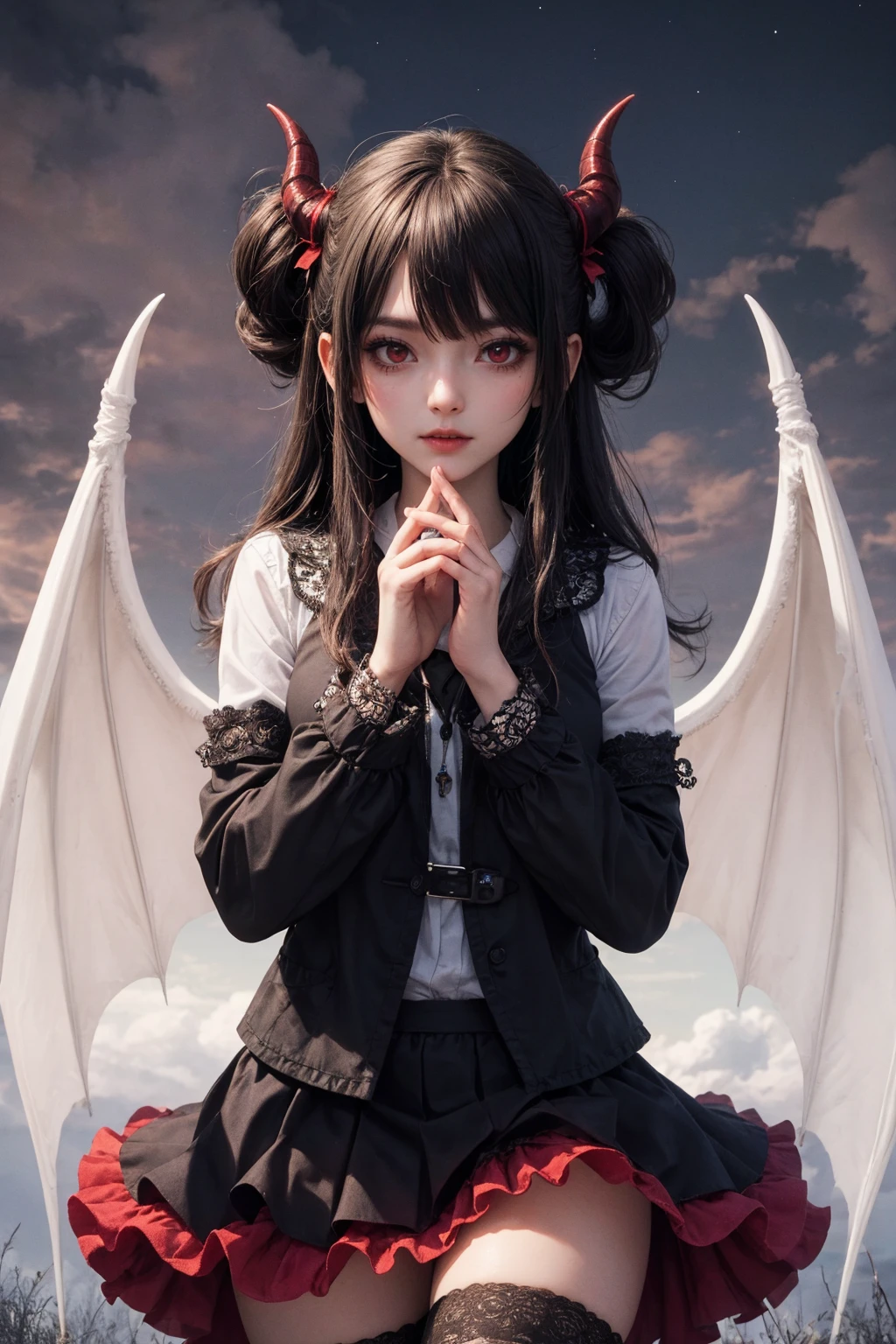 masterpiece, (best quality:1.4), [:intricate details:0.2], demon girl, skirt, red eyes, demon horns, demon wings, demon tail, enchanting gaze, captivating pose, otherworldly charm, mystical sky, moonlit night, cloud,