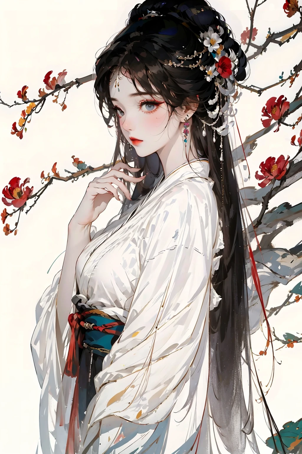 masterpiece, best quality, 8k, cinematic light, ultra high res, chinese painting, 1girl, solo, flower, hair ornament, white background, black hair, hair flower, chinese art, hanfu, branch, long hair, sash, upper body, chinese clothes, jewelry, long sleeves, earrings, flowering branch, <lora:chinese-art_05:1:TEST>