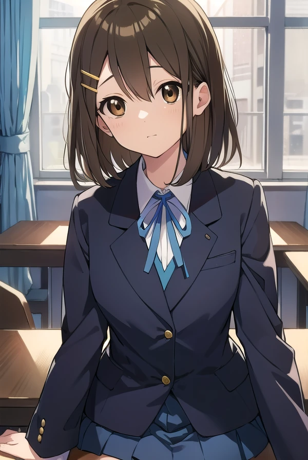 yuihirasawa, <lora:yuihirasawatest:1>, yui hirasawa, (brown eyes:1.5), brown hair, hair ornament, hairclip, medium hair, (flat chest:1.2), BREAK black pantyhose, blazer, blue jacket, blue ribbon, blue skirt, buttons, collared shirt, jacket, long sleeves, neck ribbon, pantyhose, pleated skirt, ribbon, sakuragaoka high school uniform, school uniform, shirt, skirt, white shirt, winter uniform, BREAK looking at viewer, BREAK indoors, classroom, BREAK <lora:GoodHands-vanilla:1>, (masterpiece:1.2), best quality, high resolution, unity 8k wallpaper, (illustration:0.8), (beautiful detailed eyes:1.6), extremely detailed face, perfect lighting, extremely detailed CG, (perfect hands, perfect anatomy),