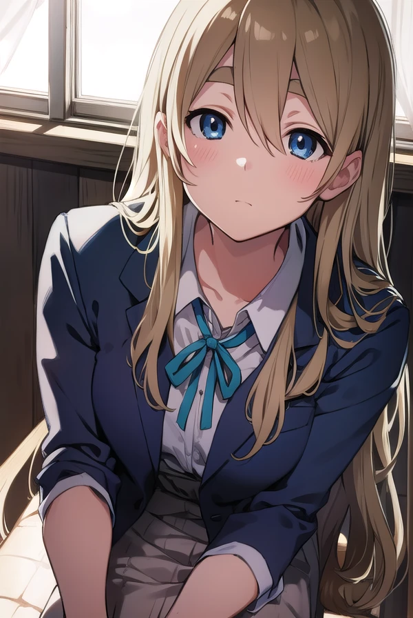 tsumugikotobuki, <lora:tsumugikotobukitest:1>,
tsumugi kotobuki, blonde hair, blue eyes, long hair, thick eyebrows, eyebrows,
BREAK sakuragaoka high school uniform, school uniform,
BREAK looking at viewer,
BREAK indoors, classroom,
BREAK <lora:GoodHands-vanilla:1>, (masterpiece:1.2), best quality, high resolution, unity 8k wallpaper, (illustration:0.8), (beautiful detailed eyes:1.6), extremely detailed face, perfect lighting, extremely detailed CG, (perfect hands, perfect anatomy),