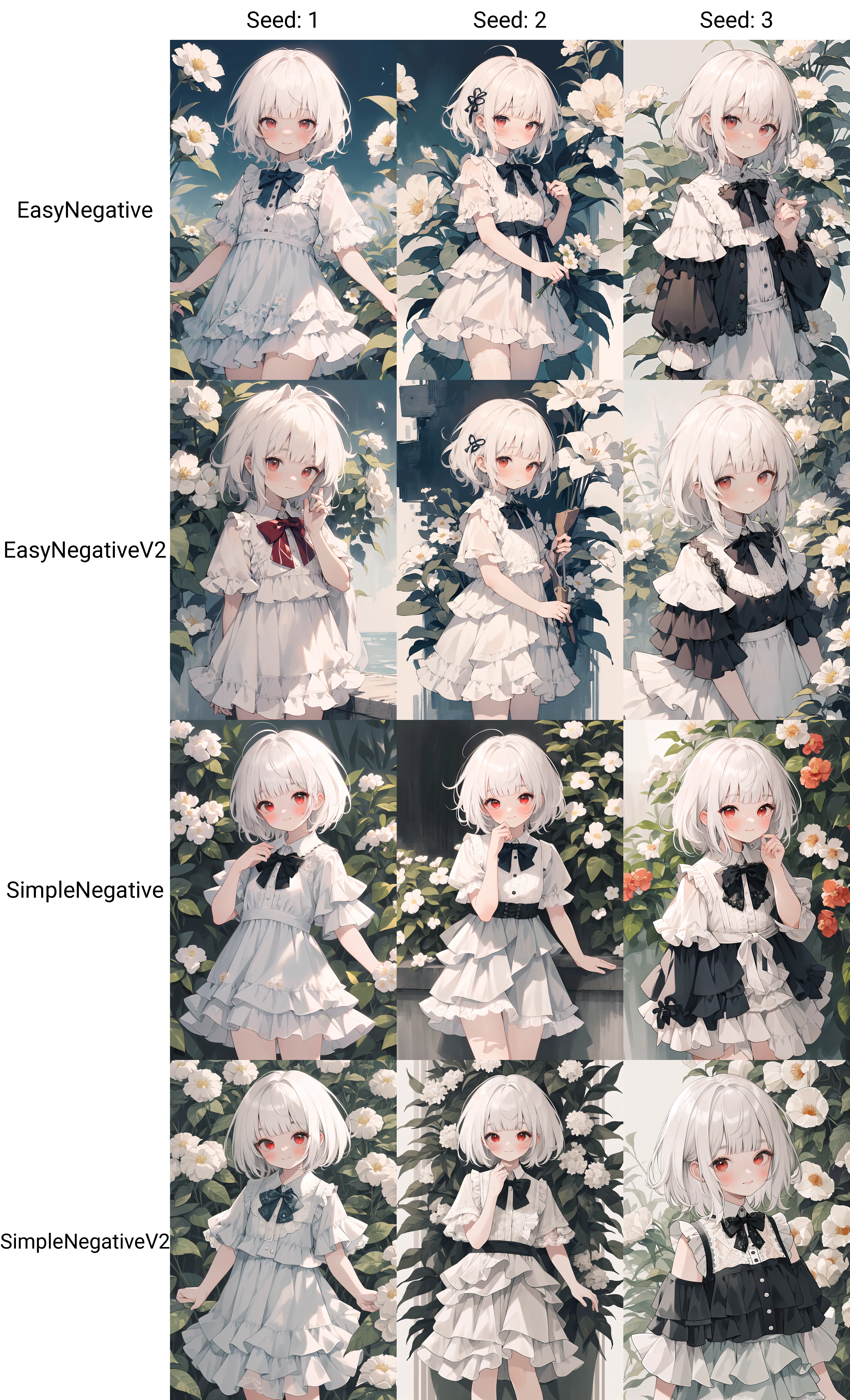 (absurdres, highres, ultra detailed:1.2),
BREAK 1girl, (solo), (white medium hair), (messy hair), (blunt bangs), [short thick eyebrows:0.6], (white bowtie), loose-fitting white sundress, shear (floral pattern lace) short sleeves, (delicate lace, thin lace, layered lace, layered ruffles:1.3), (red eyes), happy, closed mouth,