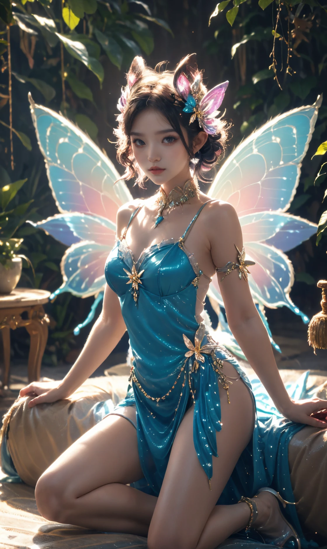 <lora:TCTH-Fairy:0.6> fairy, butterfly_wings,gem,sitting,full body,vibrant colors,stunning environment ,soft lighting,gorgeous light and shadow,blue_dress,stylish pose,