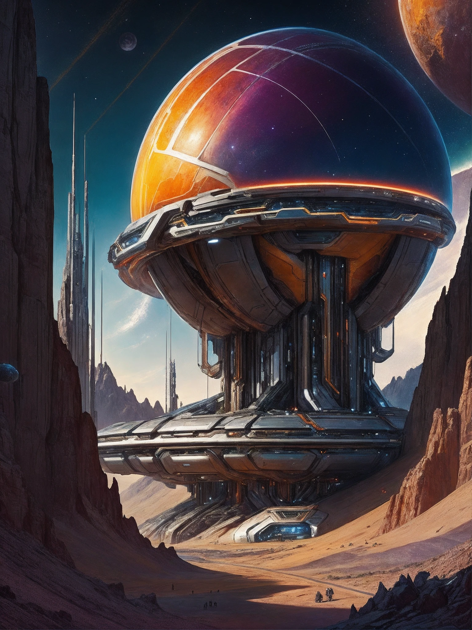 no humans, landscape, oil on matte canvas, sharp details, the expanse scifi spacescape ceres colony, intricate, highly detailed, digital painting, rich color, smooth, sharp focus, illustration, Unreal Engine 5, 8K, art by artgerm and greg rutkowski and alphonse mucha