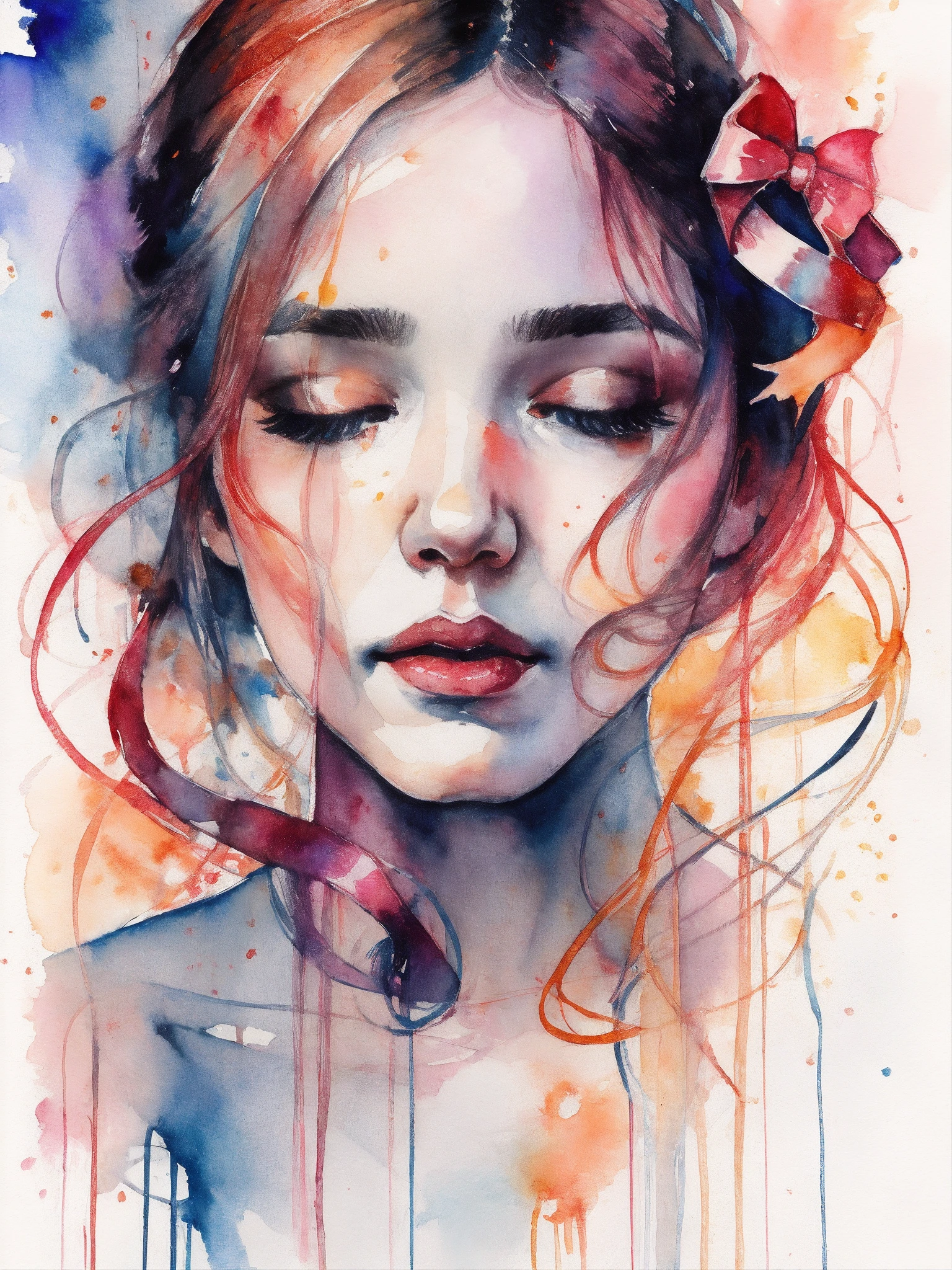 (8k, best quality, masterpiece:1.2),(best quality:1.0), (ultra highres:1.0), watercolor, a beautiful woman, shoulder, hair ribbons, by agnes cecile, half body portrait, extremely luminous bright design, pastel colors, (ink:1.3), autumn lights