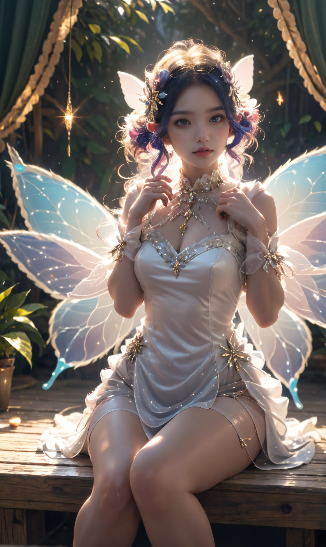 <lora:TCTH-Fairy:0.6> fairy, butterfly_wings,gem,sitting,full body,vibrant colors,stunning environment ,soft lighting,gorgeous light and shadow,white_dress,stylish pose,Shirtwaist Dress,hand up,