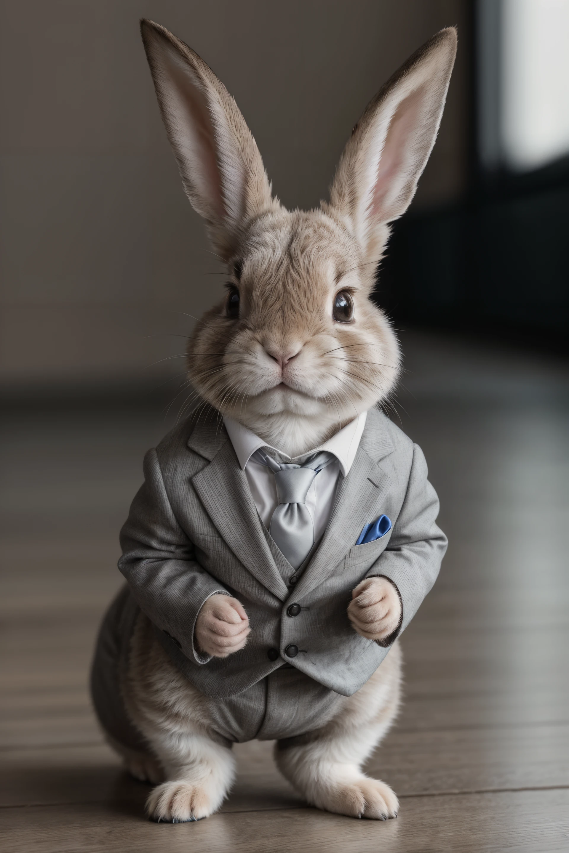 A charming photo of a small bunny. He is wearing a suit. masterpiece, ultra-quality, hyperrealistic, RAW photo, highly detailed, 4k, medium shot, cinematic photography, natural texture, action shot, XF IQ4, 150MP, 50mm, ISO 1000, 1/250s, natural light