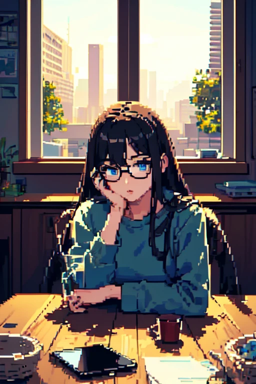 (masterpiece:1.2), (best quality), (ultra detailed), (8k, 4k, intricate),(full-body-shot:1), (highly detailed:1.2),(detailed face:1.2), (detailed background),detailed landscape, (dynamic pose:1.2), <lora:pixel:0.7>((pixelart)), 1girl, solo, long hair, looking at viewer, bangs, blue eyes, shirt, black hair, sitting, closed mouth, upper body, glasses, indoors, window, night, phone, table, cellphone, hand on own face, head rest, glass