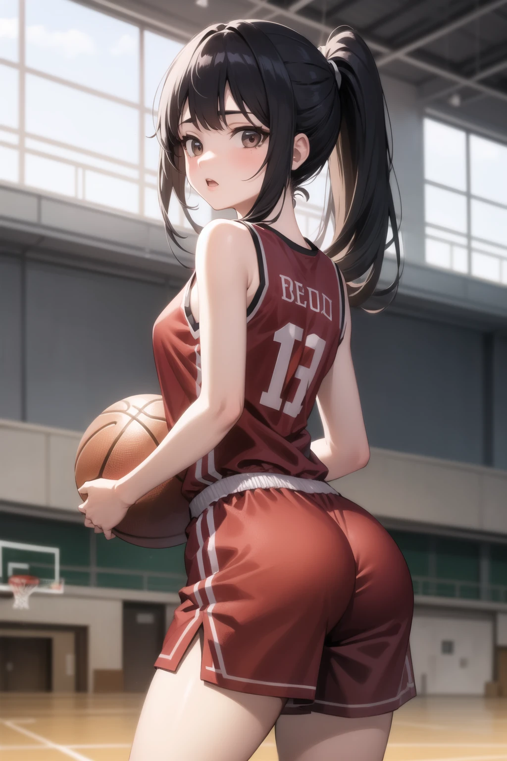 <lora:school_gym_v0.1:1>
school gym, 1girl, basketball uniform, ponytail, looking back,, masterpiece, best quality, highly detailed