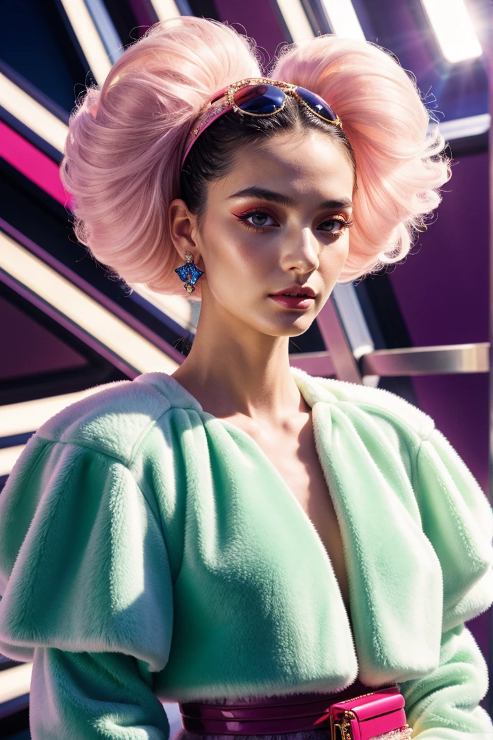 photo RAW,(character design,vogue, prada, versace, luminogram, sharp focus, colorful, clear, detailed, glamourous, fashion world, editorial, fashion, magazine shoot, fluff, dreamy glow, extraterrestrial, fantastic realism, kitsch outfit, sunlight, pastel,cotton dof)), masterpiece, award winning photography, natural light, perfect composition, high detail, hyper realistic