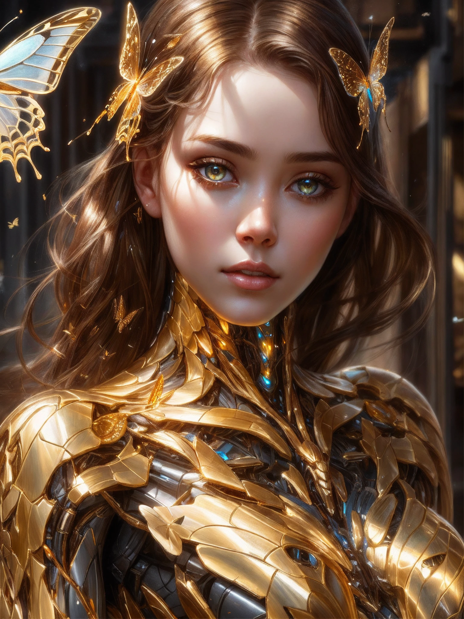 photo, 8k portrait of beautiful cyborg with brown hair, intricate, elegant, highly detailed, majestic, digital photography, art by artgerm and ruan jia and greg rutkowski surreal painting gold butterfly filigree, broken glass, (masterpiece, sidelighting, finely detailed beautiful eyes: 1.2), hdr, realistic, high definition