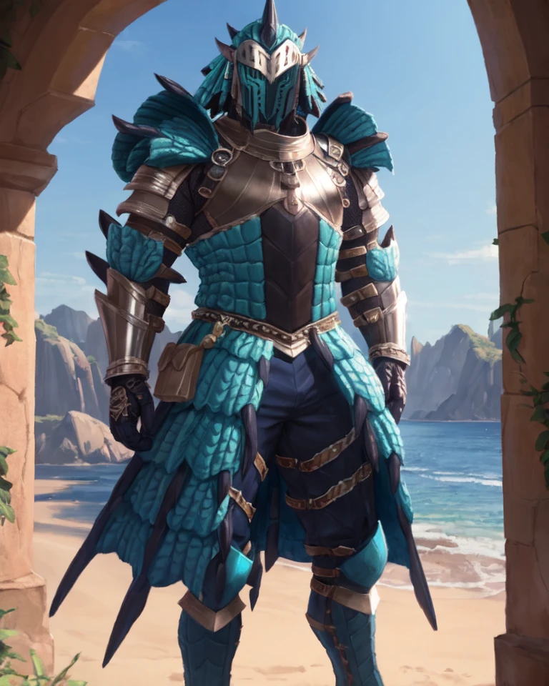 character portrait of an adult, (male:1.4), (human:1.2), thin, hi res, soft shading, good anatomy, cinematic lighting, by woolrool, crayon \(artist\), buta99, athletic, detailed background, outdoors, azure rathalos armor, rathoriginal, standing, helmet, detailed helmet