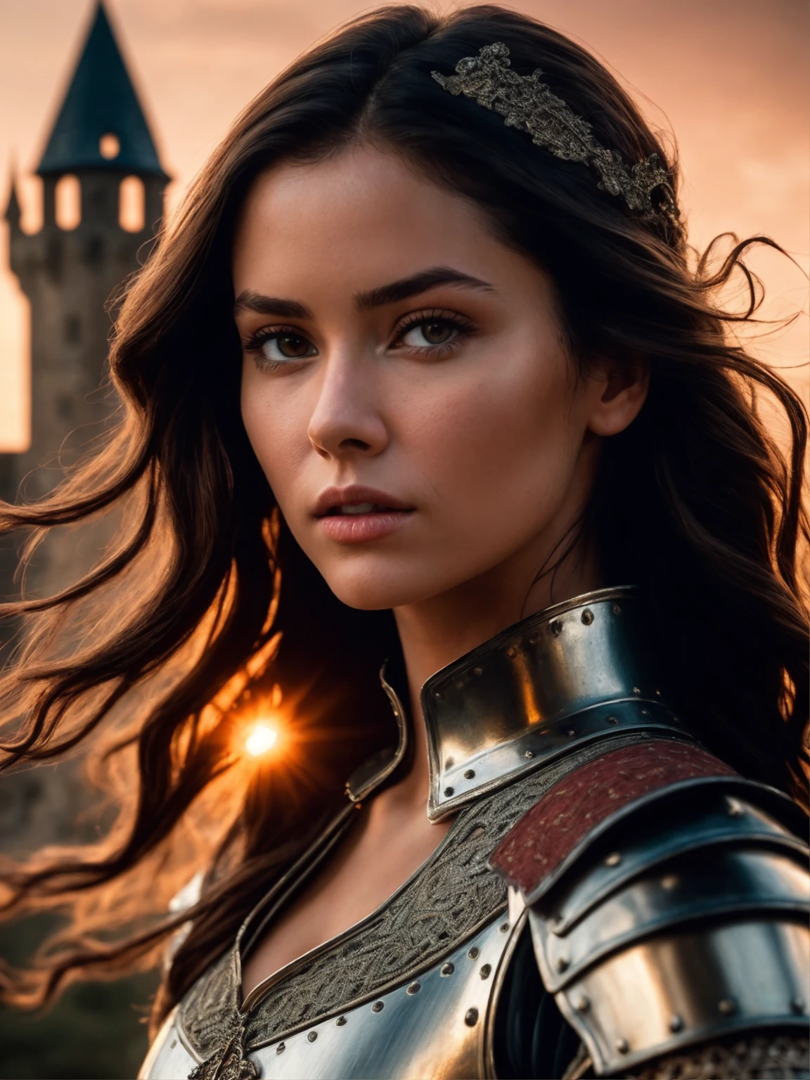 (masterpiece), (extremely intricate:1.3), (realistic), photo of a girl, the most beautiful in the world, (medieval armor), upper body, outdoors, far away castle, professional photograph of a stunning woman detailed, sharp focus, dramatic, award winning, cinematic lighting, volumetrics dtx, (film grain, blurry background, blurry foreground, bokeh, depth of field, sunset, motion blur:1.3), 4k, 8k, hd, hdr