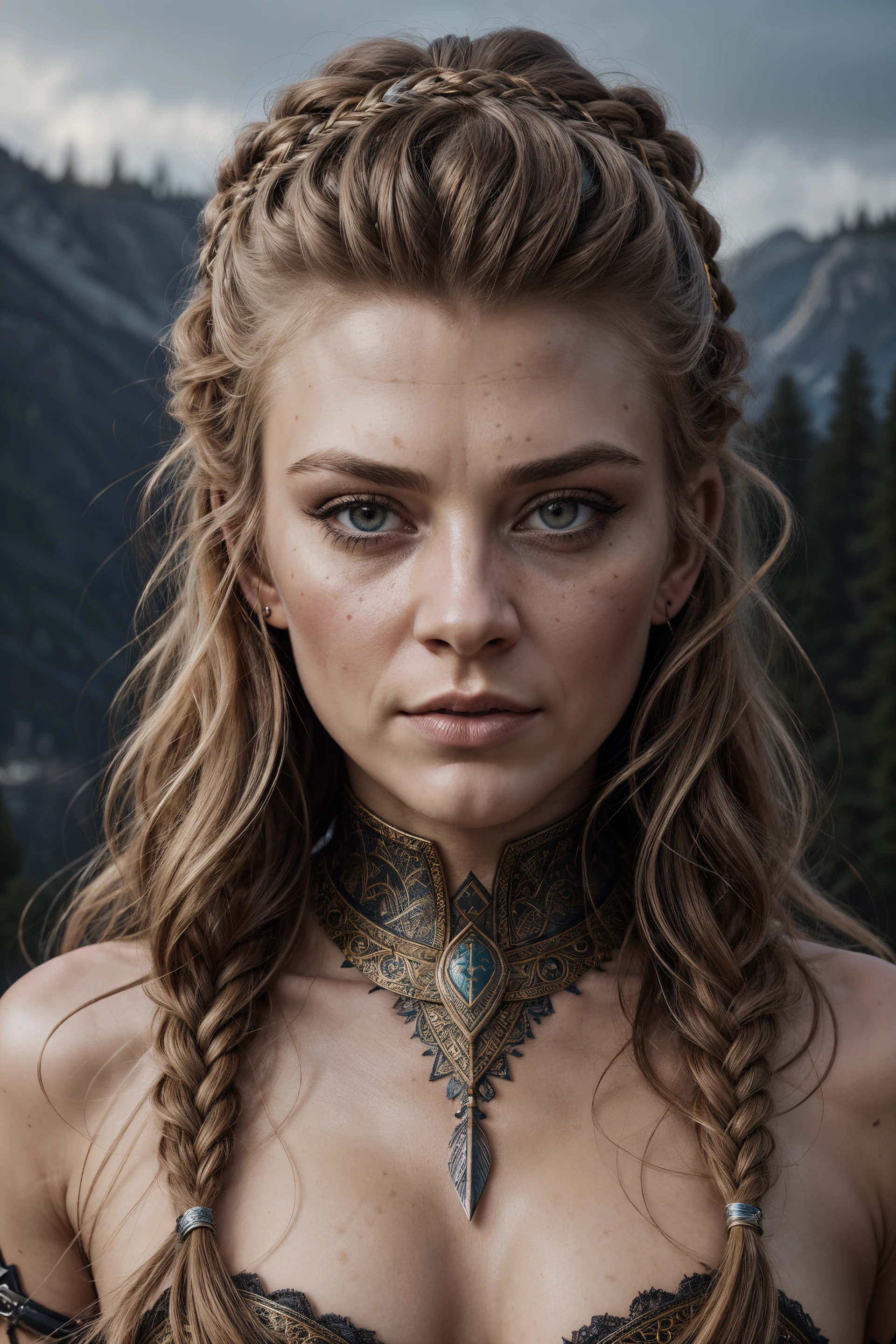 A stunning intricate full color portrait of (sks woman:1) as (viking warrior), (barbarian), epic character composition, by ilya kuvshinov, alessio albi, nina masic, sharp focus, natural lighting, subsurface scattering, f2, 35mm, film grain <lora:lora_natalie_v1_from_v1_160:1>