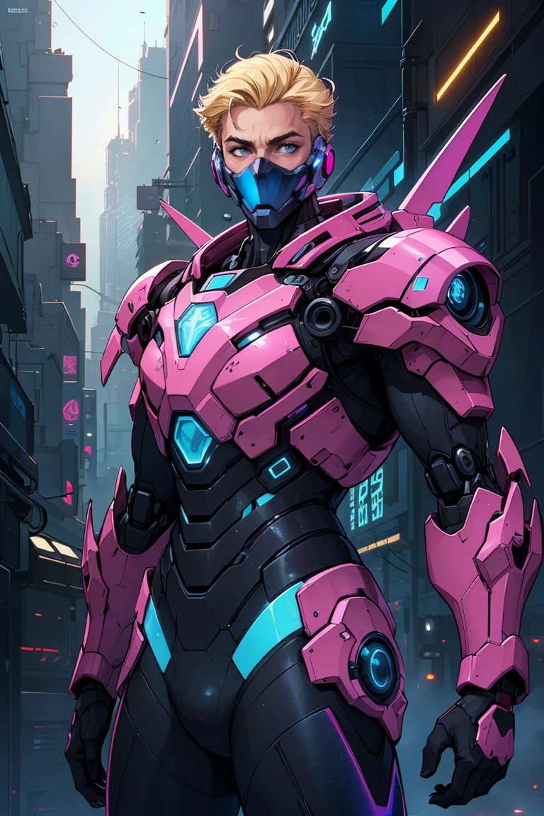 pink and blue holographic colors,cartoon rendering,cinematic shot,best quality, masterpiece, realistic,1boy, beautiful ,black armour,mecha,cyberpunk,blonde hair,