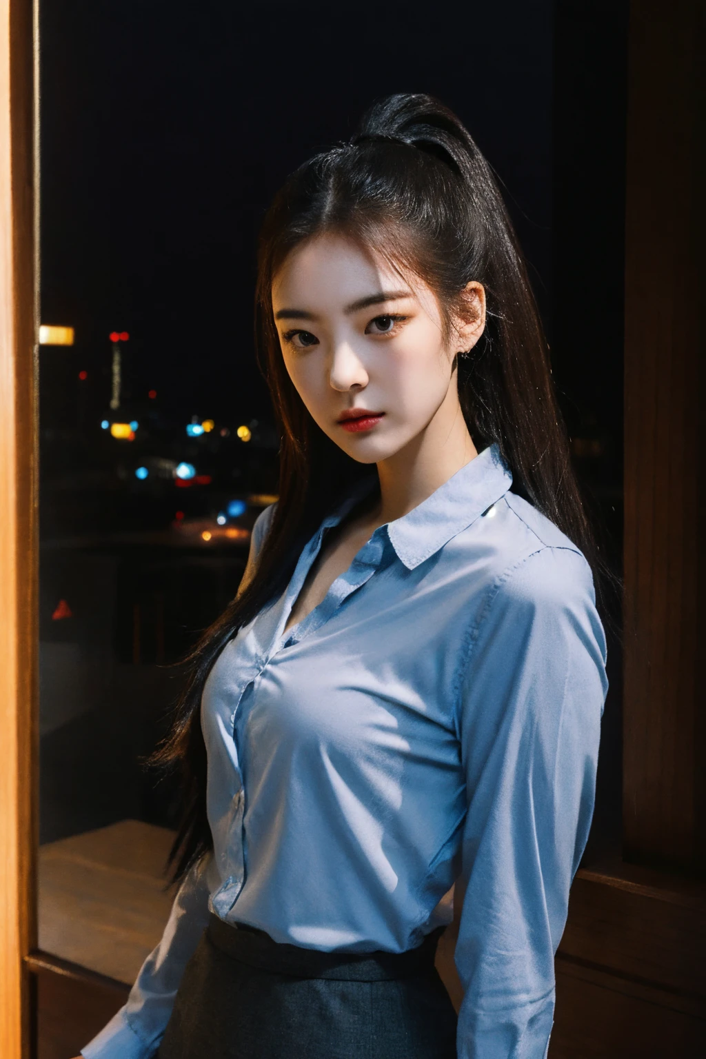 nikon RAW photo,8 k,Fujifilm XT3,close up photo, masterpiece, best quality, 1girl,solo,realistic, photorealistic, abs, (extremely detailed face), (looking at viewer), ((night)), (ultra-detailed eyes and pupils), ultra detailed, high ponytail, serious expression, slender figure, ((standing against a city at night)), dress,shirts,Suit skirt, arms arms behind back, perfect hands, <lora:lialorashy:1>