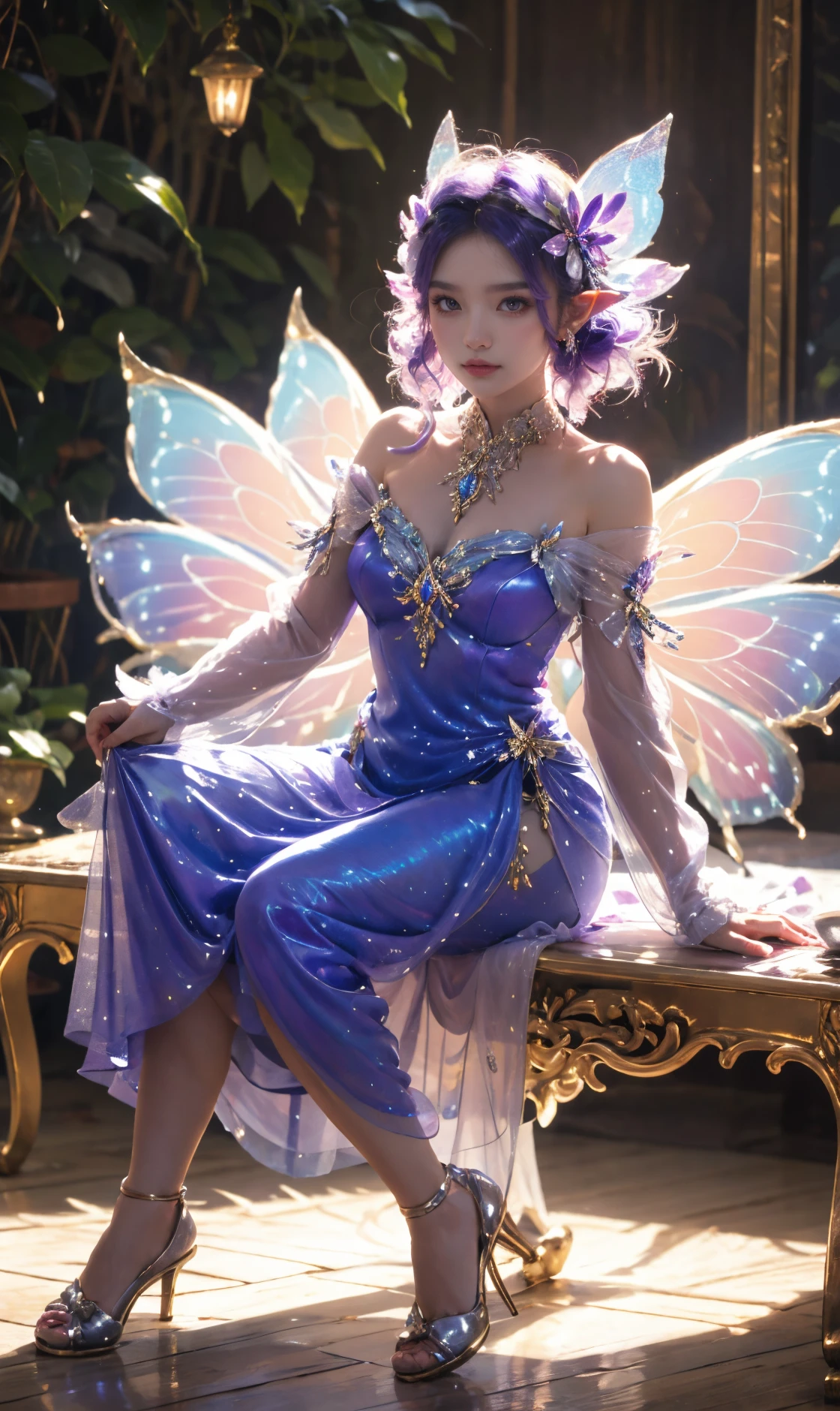 <lora:TCTH-Fairy:0.6> fairy, butterfly_wings,gem,sitting,full body,vibrant colors,stunning environment ,soft lighting,gorgeous light and shadow,purple_dress,stylish pose,