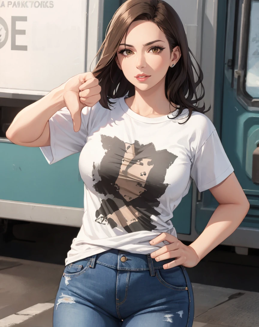 mature female, lips, tshirt, jeans, thumbs down, brown hair
 <lora:thumbs-down:0.8>
