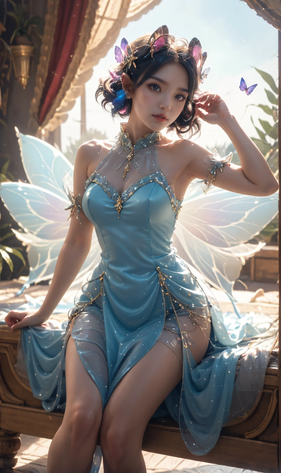 <lora:TCTH-Fairy:0.6> fairy, butterfly_wings,gem,sitting,full body,vibrant colors,stunning environment ,soft lighting,gorgeous light and shadow,blue_dress,stylish pose,Shirtwaist Dress,hand up,