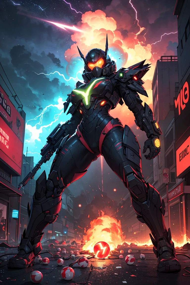 (best quality, masterpiece:1.2), girl, futuristic suit, torn clothes, weapon atached on her back, scars on face, flying missile, (neon lights), glowing lights, futuristic street, destroyed cars on fire, (electric balls on the ground:1.5), (lighting storm), explosion, smoke, space ships, ((big monster on the background)), 4k res, 8k, higly detailed textures, cinematic shot, intricate details,