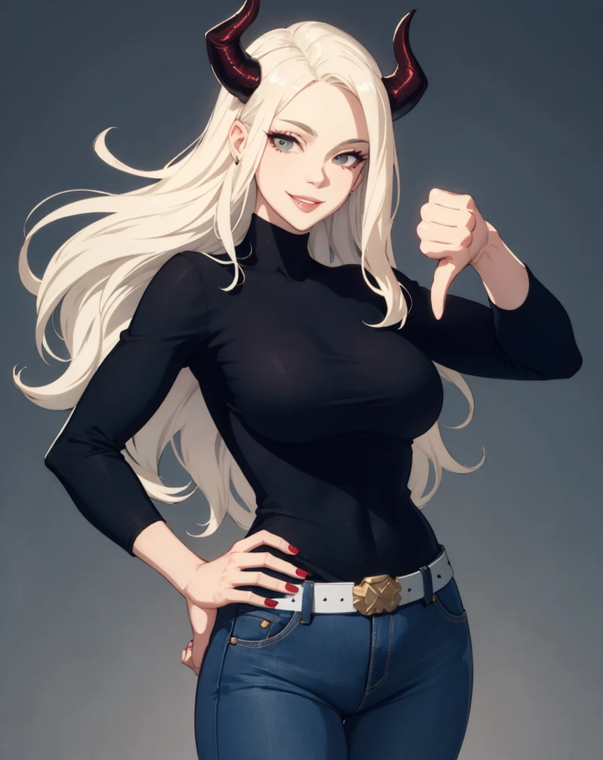 mature female, lips, dress, demon horns, smile, jeans, thumbs down, platinum blonde hair,long hair, hand on hip,
<lora:thumbs-down:0.75>