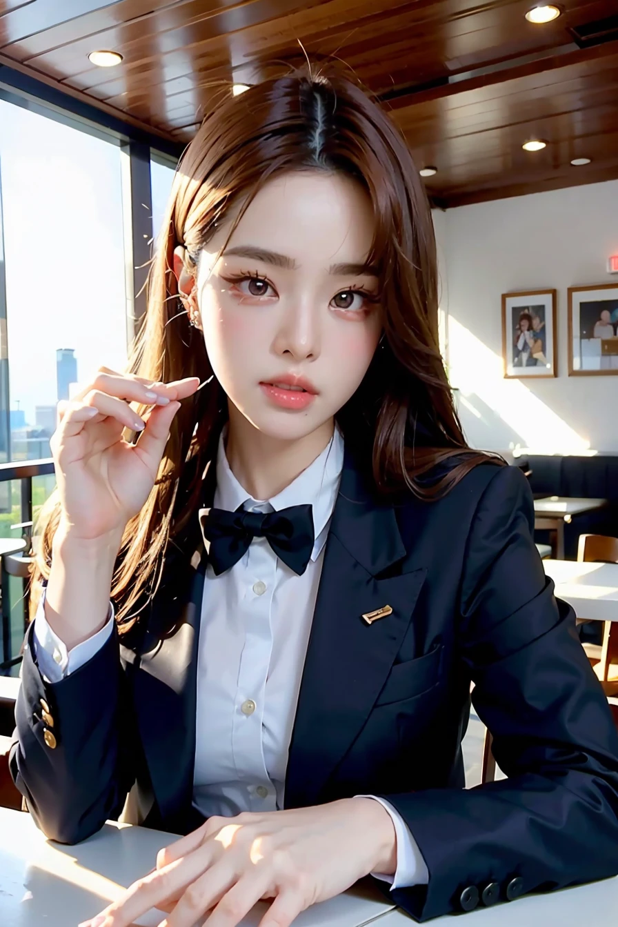 (masterpiece), best quality, perfect face, 1girl, formal suit in the cafe, <lora:Gracekanklao-02:1>