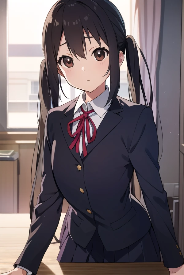 azusanakano, <lora:azusanakanotest:1>, azusa nakano, (black hair:1.5), (brown eyes:1.7), long hair, twintails, (flat chest:1.2), BREAK sakuragaoka high school uniform, school uniform, uniform, BREAK looking at viewer, BREAK indoors, classroom, BREAK <lora:GoodHands-vanilla:1>, (masterpiece:1.2), best quality, high resolution, unity 8k wallpaper, (illustration:0.8), (beautiful detailed eyes:1.6), extremely detailed face, perfect lighting, extremely detailed CG, (perfect hands, perfect anatomy),
