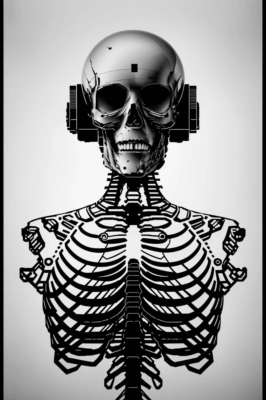 a black and white drawing of a human skeleton , cyber_graphic