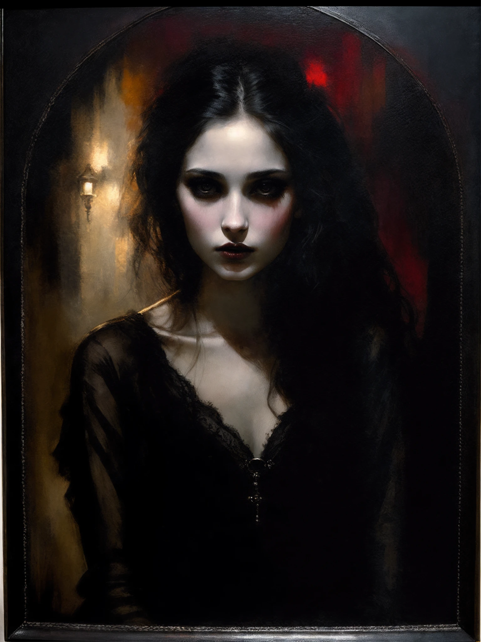 In Casey Baugh's evocative style, a Gothic girl emerges from the depths of darkness, her essence a captivating blend of mystery and allure. With piercing eyes and flowing ebony hair, she exudes an enigmatic presence that draws viewers into her world. Baugh's brushwork infuses the painting with a unique combination of realism and abstraction, highlighting the girl's delicate features and contrasting them against a backdrop of deep, rich hues. The interplay of light and shadow adds depth and dimension to the artwork, creating a hauntingly beautiful portrayal of this Gothic muse. Baugh's distinctive style captures the essence of the girl's enigmatic nature, inviting viewers to explore the depths of her soul. Signature