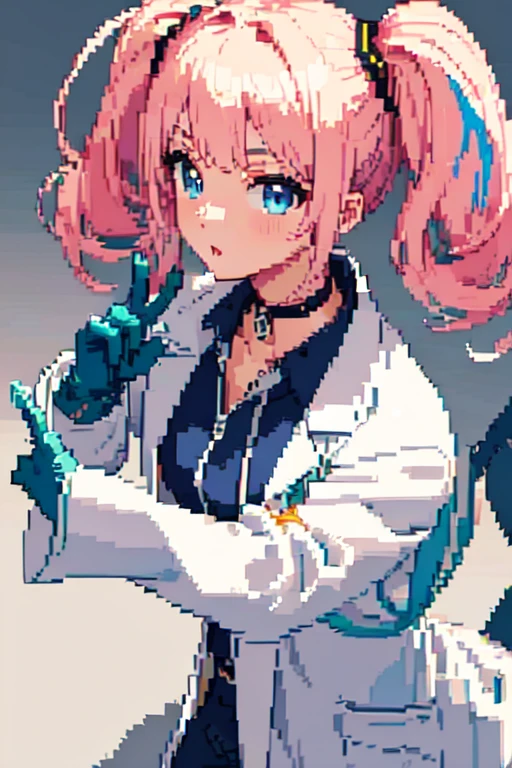 (masterpiece:1.2), (best quality), (ultra detailed), (8k, 4k, intricate),(full-body-shot:1), (highly detailed:1.2),(detailed face:1.2), (detailed background),detailed landscape, (dynamic pose:1.2), <lora:pixel:0.7>((pixelart)),1girl, looking at viewer, blue eyes, blonde hair, gloves, twintails, pink hair, multicolored hair, choker, hood, two-tone hair, short twintails, goggles, labcoat, green gloves