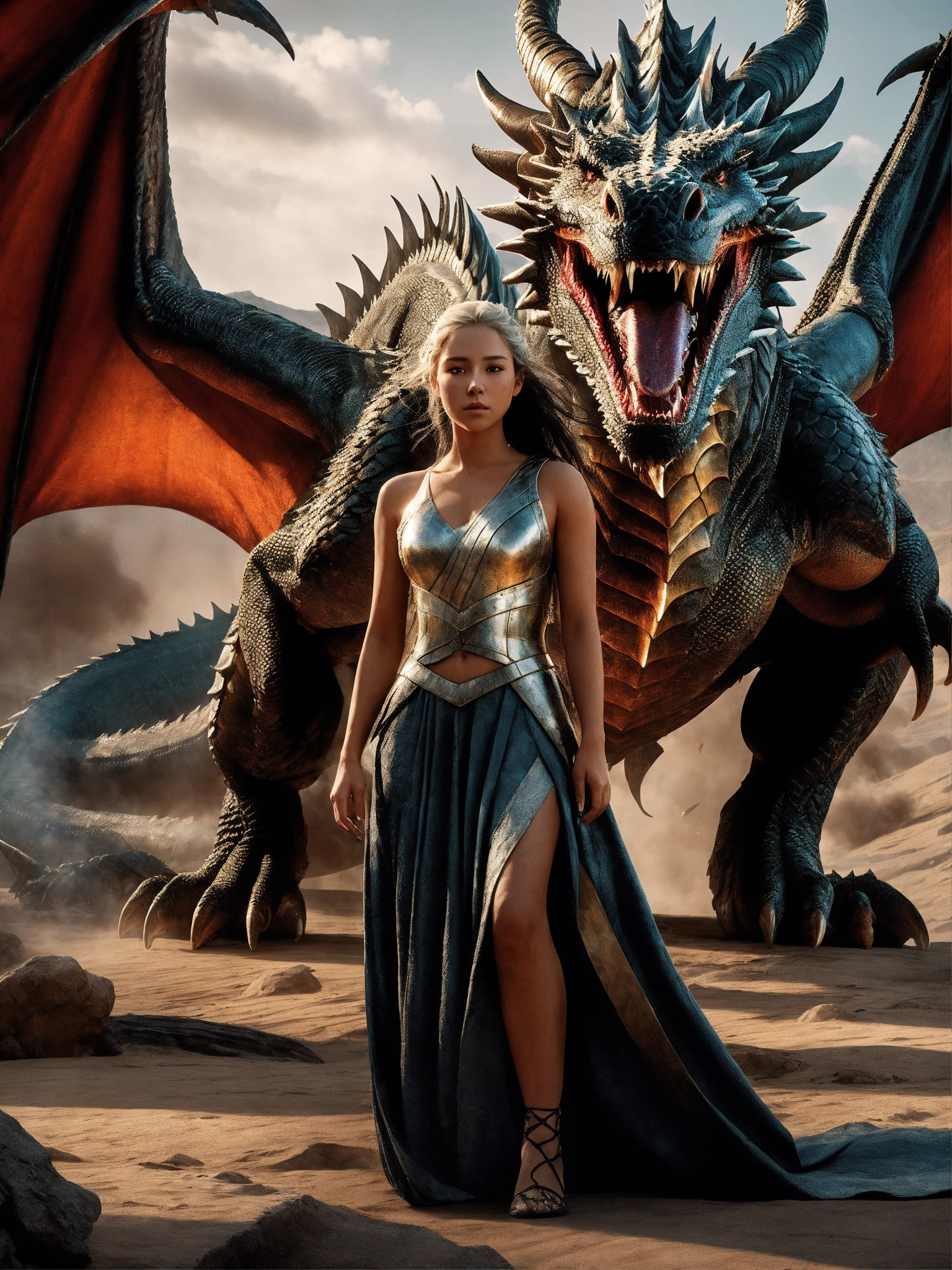 8k intricate, highly detailed, digital photography, best quality, masterpiece, a (full body shot) photo of A young woman that lived with dragons her whole life is now leading them to battle. torn clothes exposing parts of her body, scratch marks, epic, hyperrealistic, hyperrealism, 8k, cinematic lighting, greg rutkowski, wlop