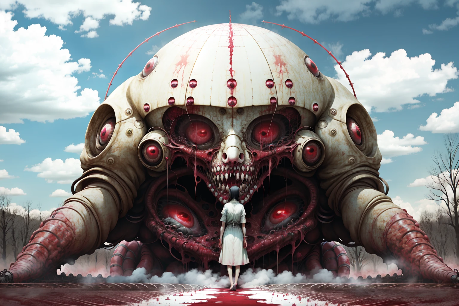 <lora:reelhorror141:1>reelhorror, 1girl, outdoor, dark, blood, giant, blood pool, dismemberment, pov scene, mutation, (woruh:0.8)