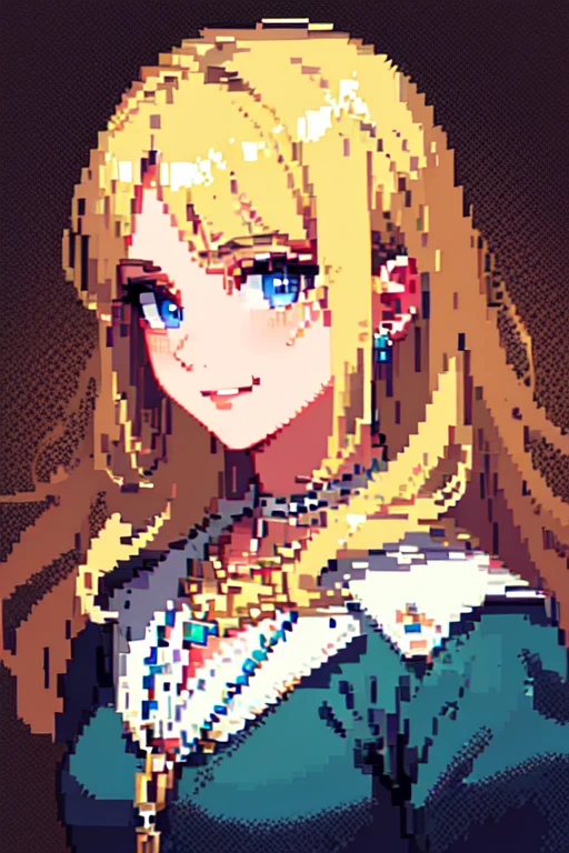 (masterpiece:1.2), (best quality), (ultra detailed), (8k, 4k, intricate),(full-body-shot:1), (highly detailed:1.2),(detailed face:1.2), (detailed background),detailed landscape, (dynamic pose:1.2), <lora:pixel:0.7>((pixelart)), 1girl, solo, long hair, looking at viewer, smile, blue eyes, blonde hair, jewelry, necklace, portrait