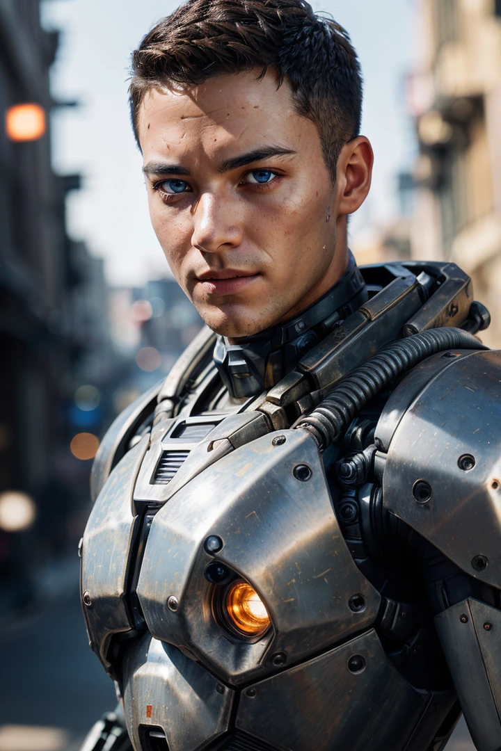photo RAW,(an handsome male ,perfect eyes , in a worn mecha exosuit,((light bokeh)), intricate, (steel metal [rust]), elegant, sharp focus, photo by greg rutkowski, soft lighting, vibrant colors, masterpiece, ((streets)), detailed face), masterpiece, award winning photography, natural light, perfect composition, high detail, hyper realistic