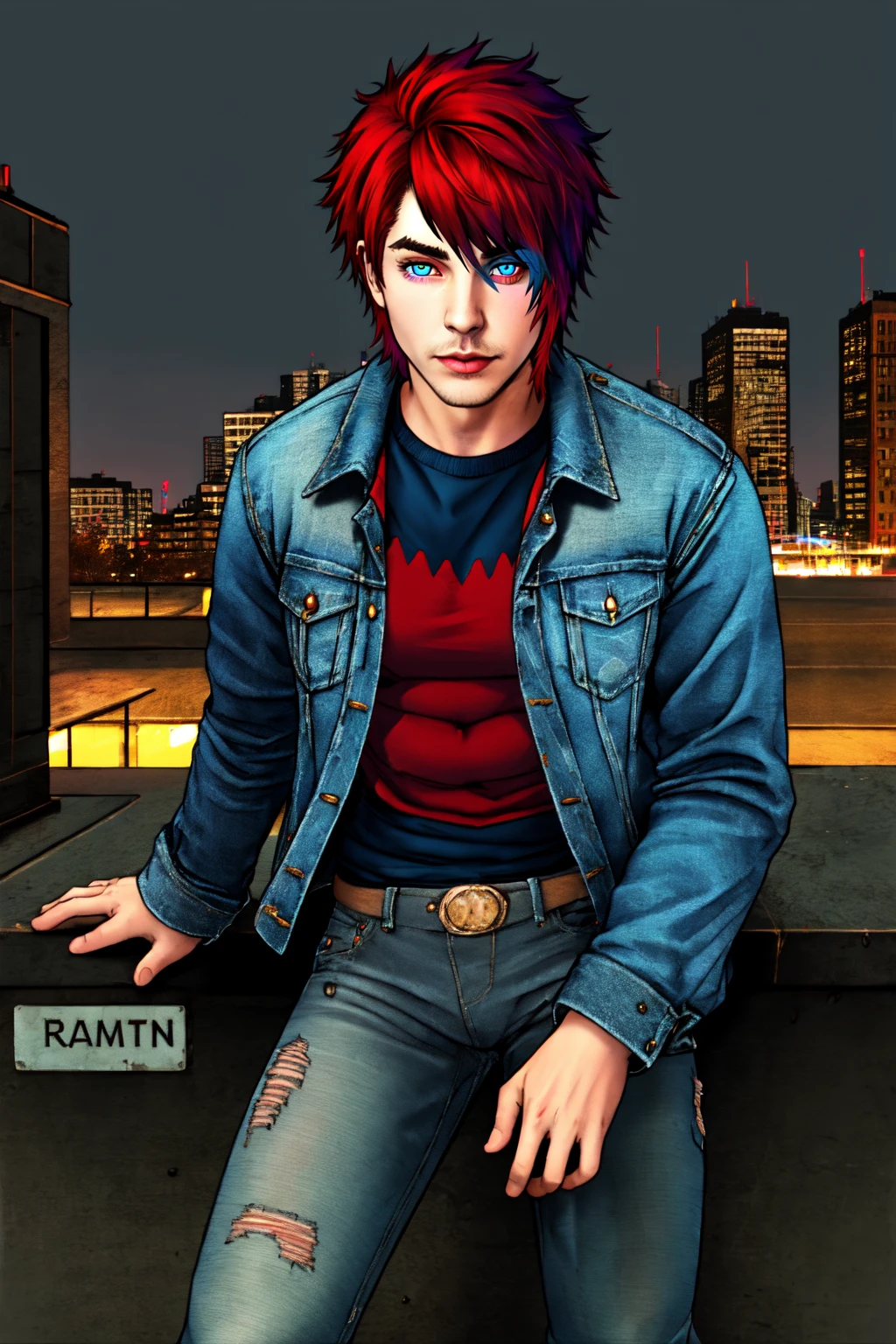 1 boy, male focus, transgender, Rana Solas, solo, red hair, blue eyes, red eyes, heterochromia, looking at viewer, sweater, denim jacket, city background, rim lighting, <lyco:Rana_Solas:0.55>