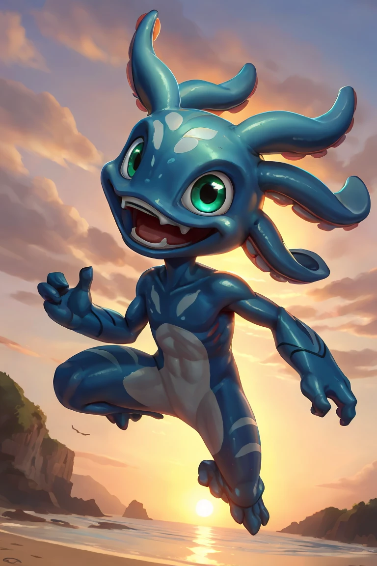 (((masterpiece, best quality))), close-up of Fizz \(League of Legends\),jumping at beach, upper body, smile, sidelighting, sunset, <lora:Fizz:0.65> <lora:m99_bellybuttonremover_1:0.5>
