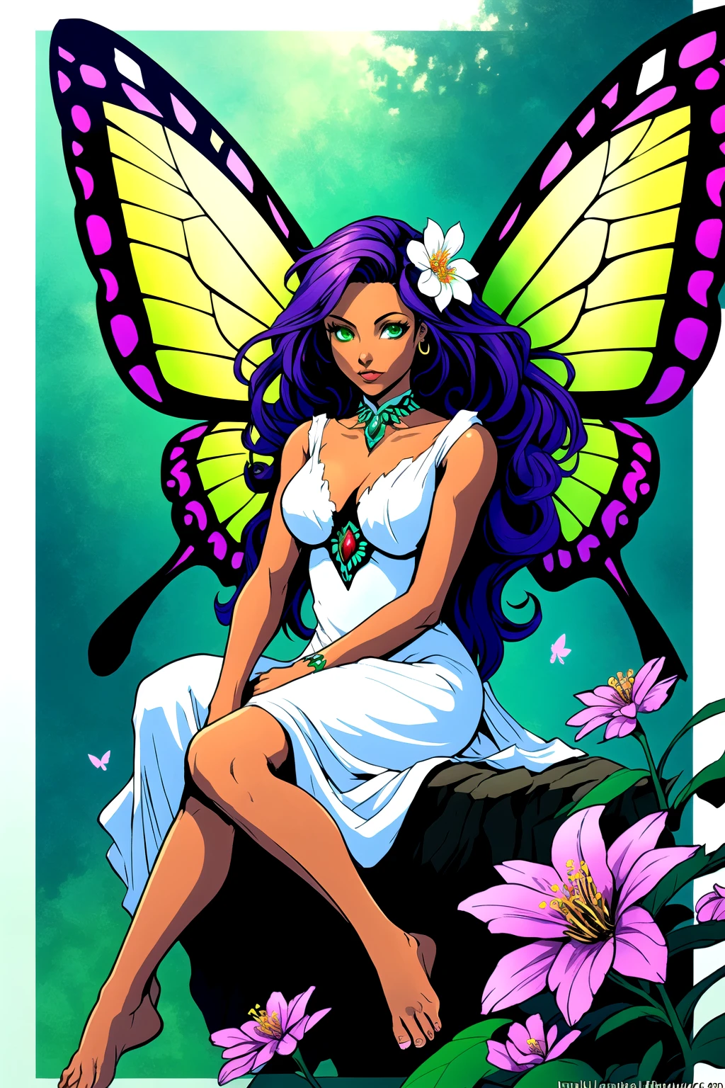 1girl, solo, short hair, blue eyes, purple hair, dark skin, dark-skinned female, :V, FaeVibes