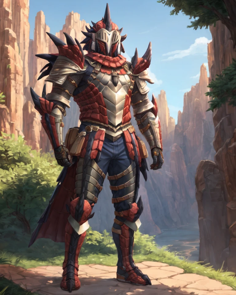 character portrait of an adult, (male:1.4), (human:1.2), thin, hi res, soft shading, good anatomy, cinematic lighting, by woolrool, crayon \(artist\), buta99, athletic, detailed background, outdoors, red rathalos armor, rathalternate, standing, helmet, detailed helmet