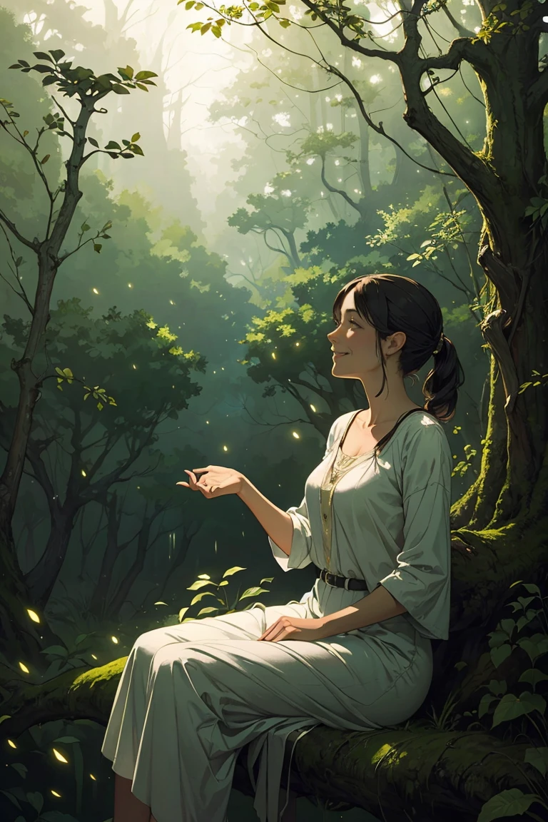 1 woman sitting on a tree smile fog, forest, fireflies Andrew Wyeth (masterpiece ) (best quality) (dramatic lighting, best shadow)