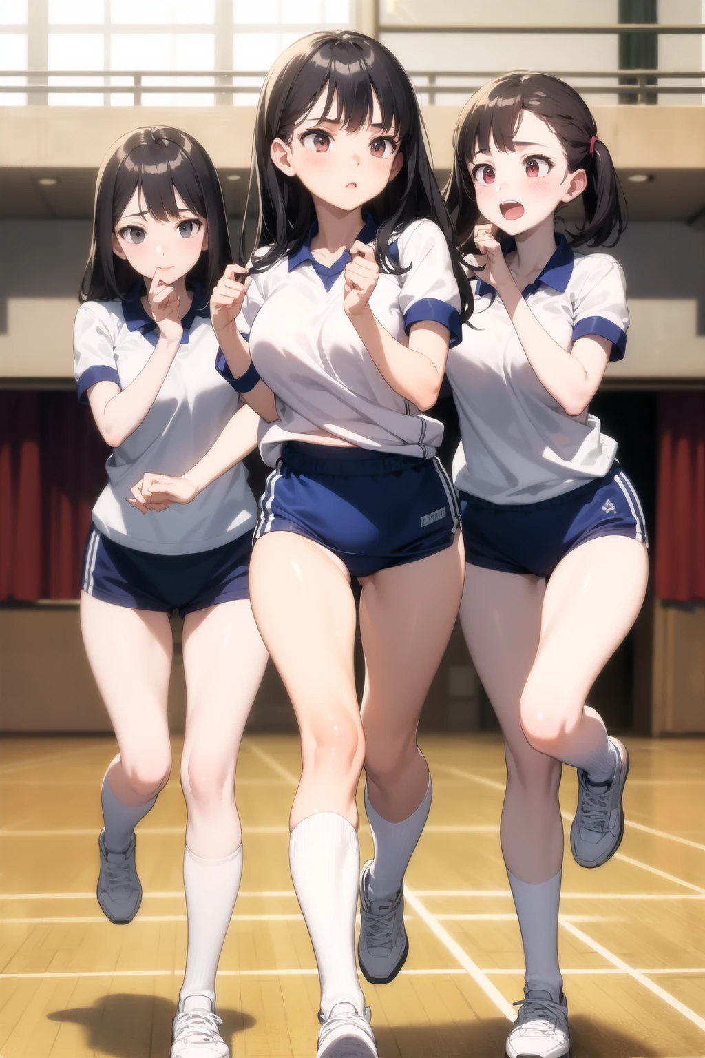 <lora:school_gym_v0.1:1>
school gym, gym uniform,  reflective floor, reflection,
multiple girls, exercise, running, jumping, buruma,, masterpiece, best quality, highly detailed