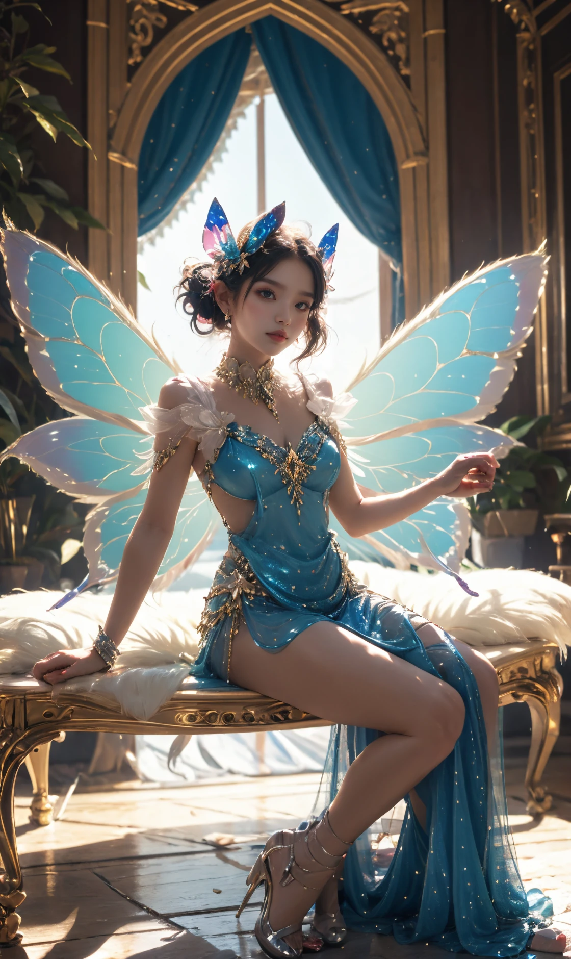 <lora:TCTH-Fairy:0.6> fairy, butterfly_wings,gem,sitting,full body,vibrant colors,stunning environment ,soft lighting,gorgeous light and shadow,blue_dress,stylish pose,