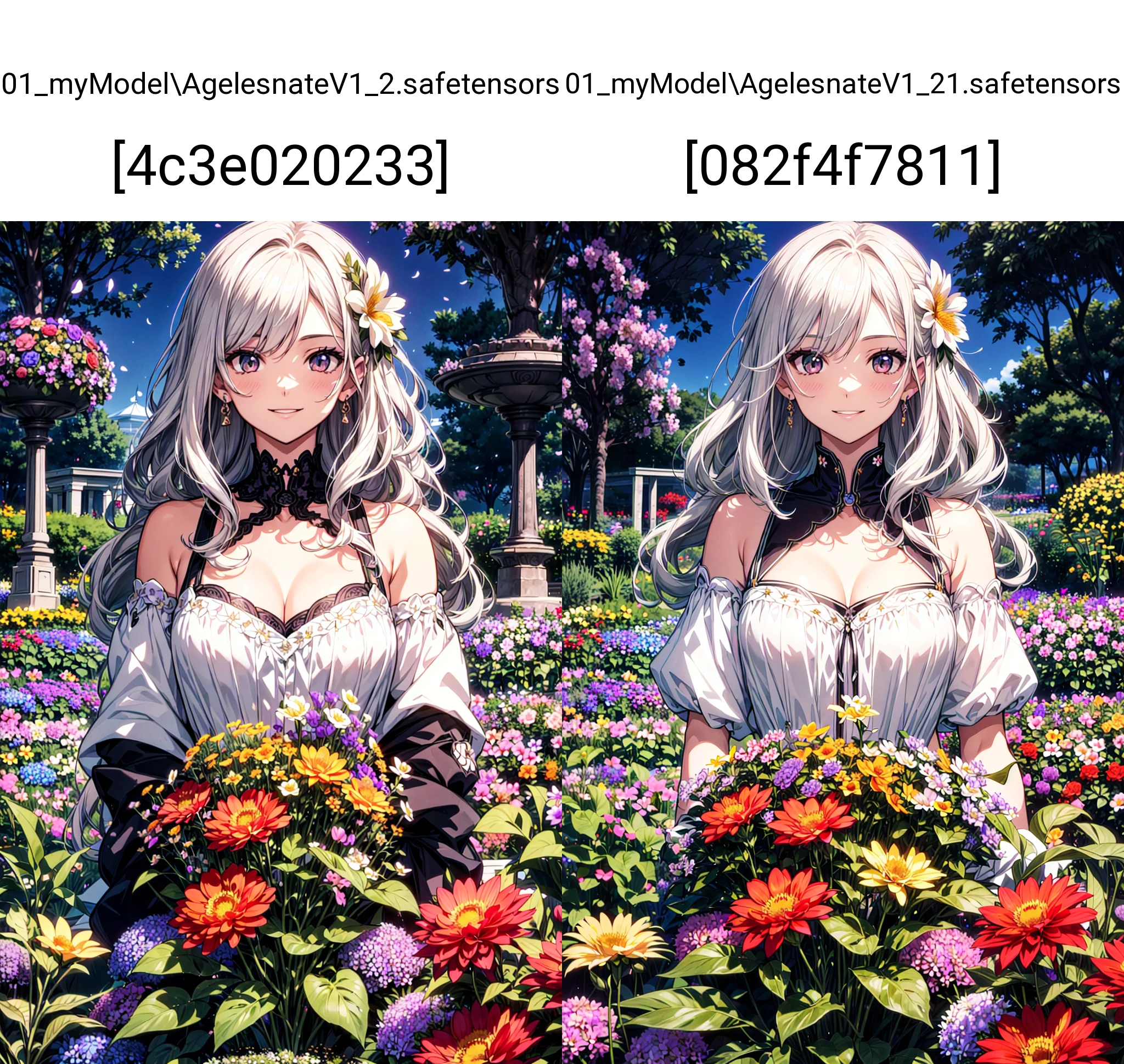 absurdres, highres, (official art, beautiful and aesthetic:1.2), (close view:1.2), Front composition,
1girl, (long hair:1.2), gray hair, wavy hair, smile,
(all over the flower garden:1.6), (Flower Effects:1.2), (Floral Background:1.2), (Background filled with flowers:1.4), (Flashy background:1.1),