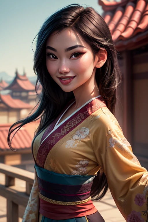 (masterpiece:1.2), (best quality), (ultra detailed), (8k, 4k, intricate),(full-body-shot:1), (highly detailed:1.2),(detailed face:1.2), (detailed background),detailed landscape, (dynamic pose:1.2),<lora:more_details:0.5> <lora:mulan:0.7> mulan, 1girl, solo, long hair, looking at viewer, smile, brown hair, upper body, japanese clothes, kimono, black eyes, sash, obi