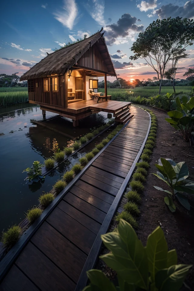 outdoortropicalhouse  little house  on riverside, path wooden, garden, rice field, gold fish, coconut tree, solar panel, dawn, chicken, tomato, tropical, dim light, <lora:ARWOutdoorTropicalHouse:1>