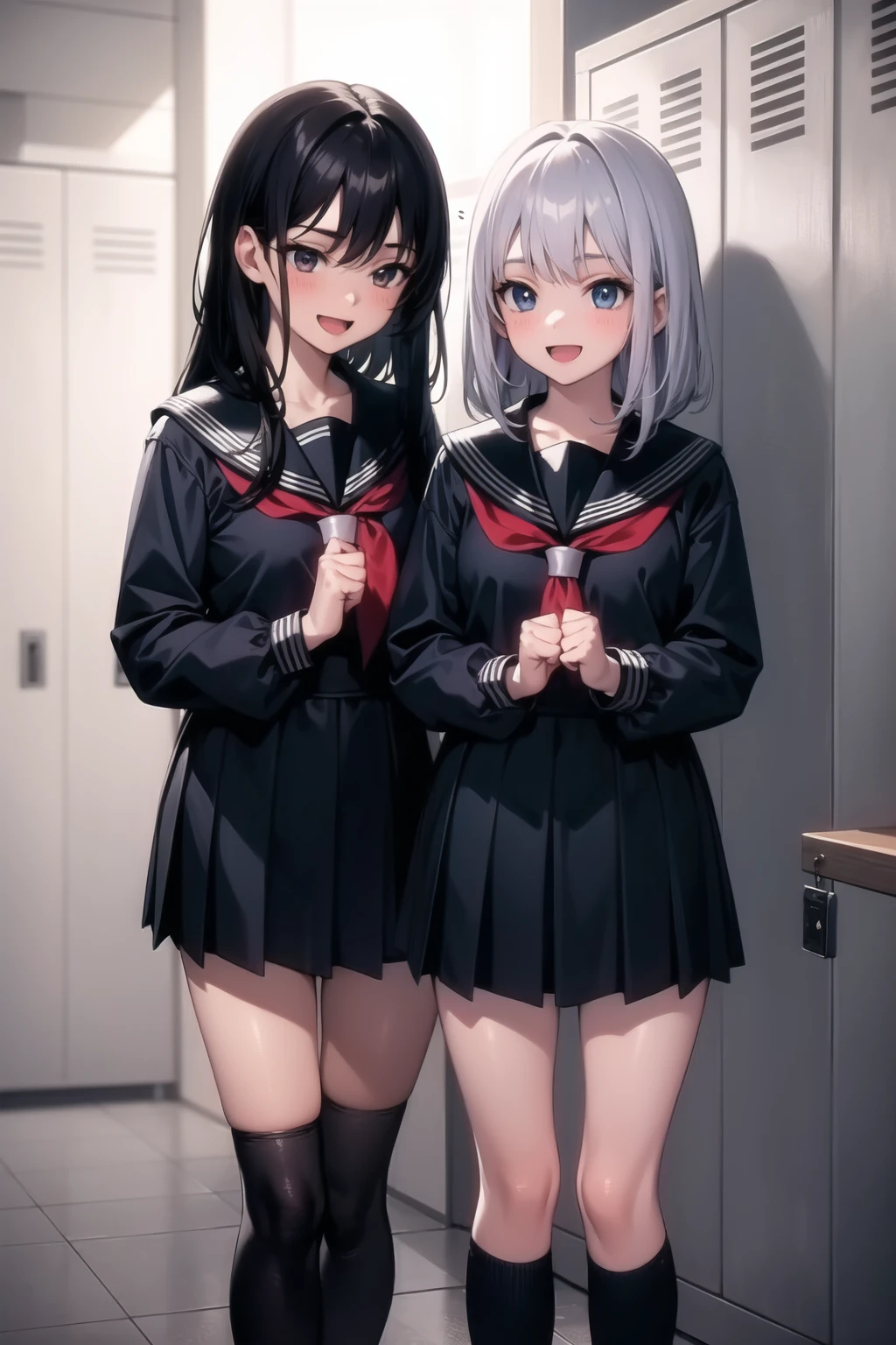 <lora:locker_room_v0.1:1>
locker room, multiple girls, school uniform, serafuku, 
dressing, talking, :d, 2girls,, masterpiece, best quality, highly detailed