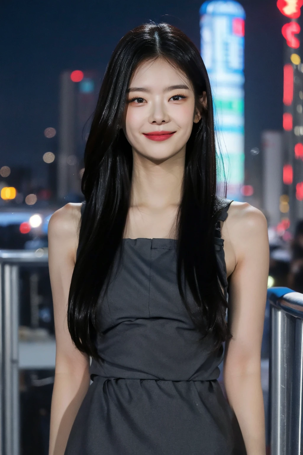 8k, close up photo, masterpiece, best quality, 1girl,solo,realistic, photorealistic, (extremely detailed face), (ultra-detailed eyes and pupils), ultra detailed, serious expression, slender figure, standing against a city skyline at night, tight dress, sleeveless, tiny waist,  smile,   hands behind back,  <lora:lialorashy:1>