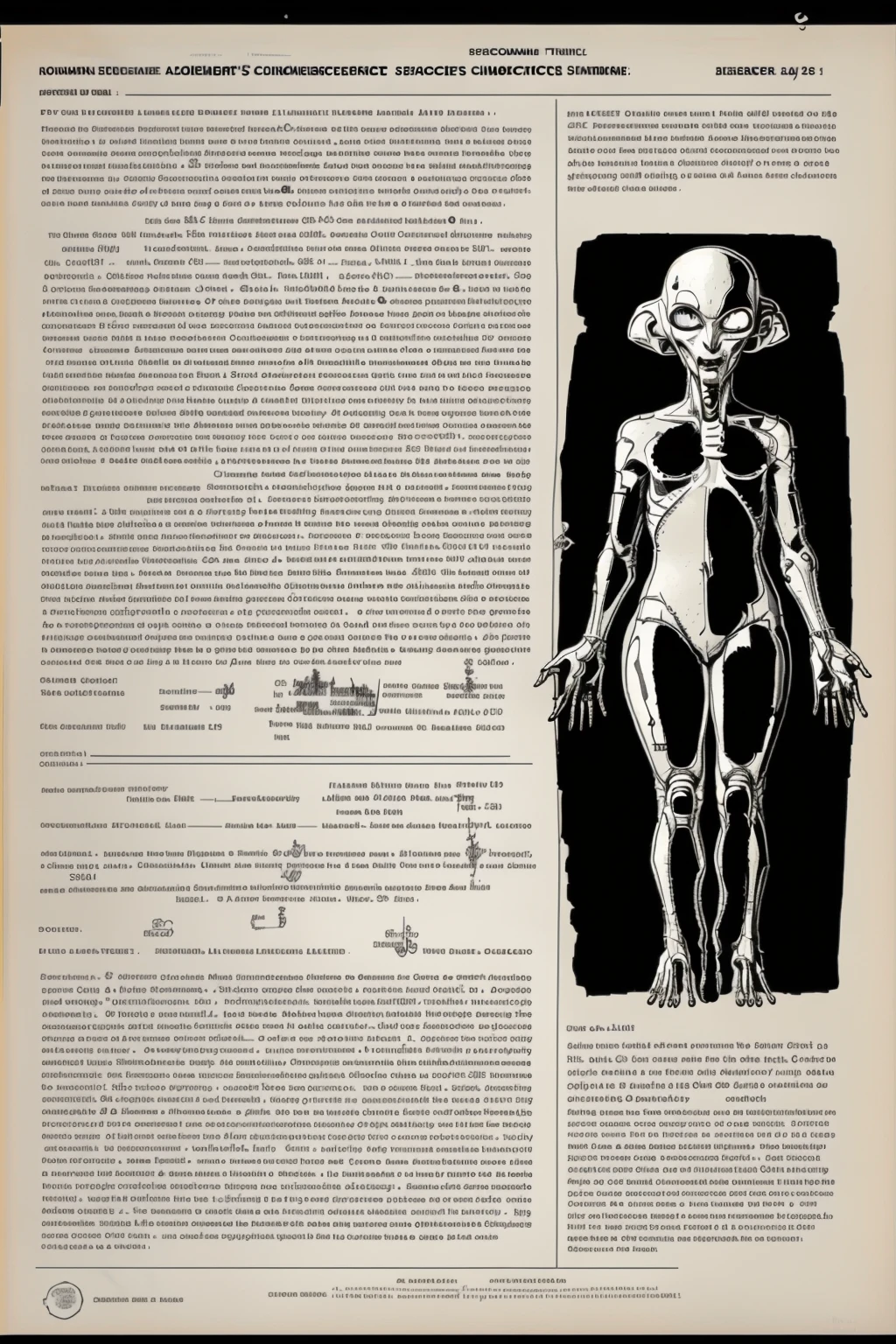 dec_doc , (a paper form with a drawing of a alien's body and a line of text on it , Drew Tucker, character sheet, a wireframe diagram, incoherents)