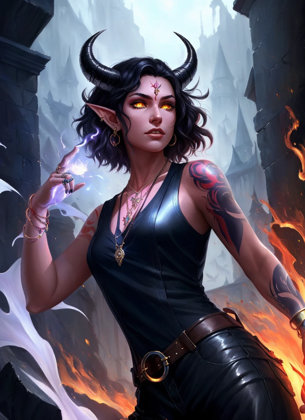 Tiefling, female, jewelry, horns, solo, pointy ears, necklace, earrings, black hair, short hair, magic, fire, tattoo, hand up, yellow eyes, bracelet, sleeveless, looking at viewer, demon horns, artist name, glowing, closed mouth, ring
, ((masterpiece, best quality)), art by greg rutkowski <lora:tiefling_offset:1>