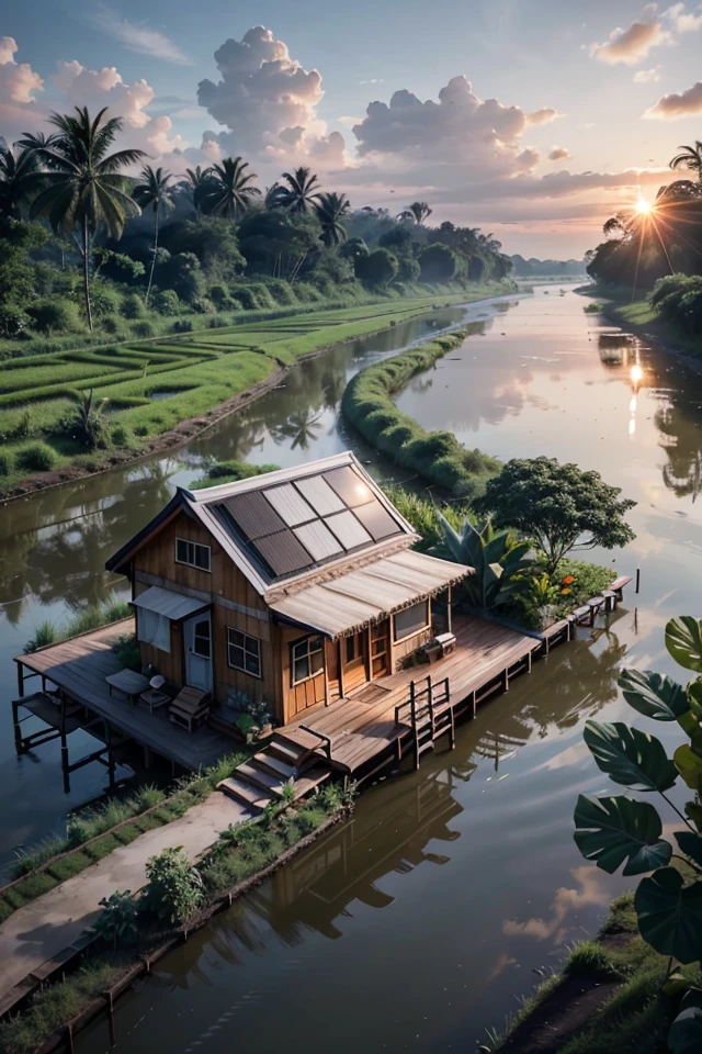 outdoortropicalhouse  little house  on riverside, path wooden, garden, rice field, gold fish, coconut tree, solar panel, dawn, chicken, tomato, tropical, dim light, <lora:ARWOutdoorTropicalHouse:1>