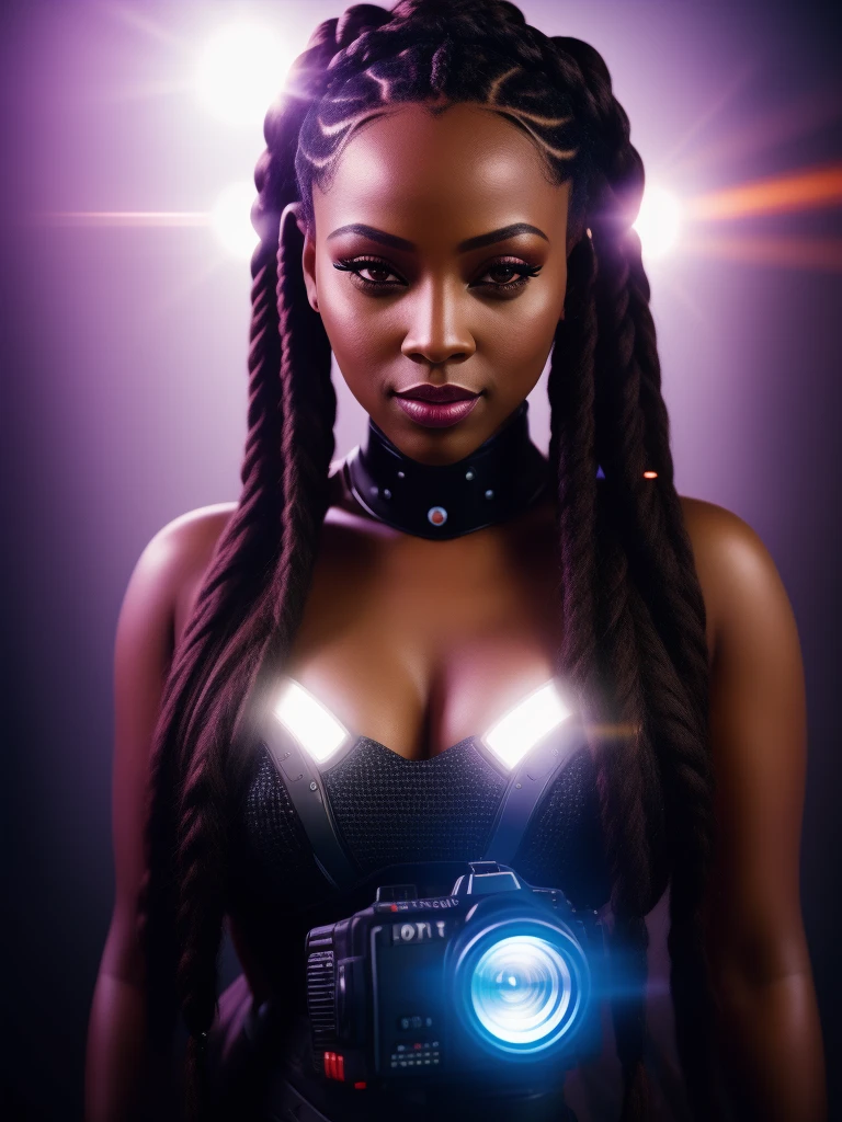 photograph, hair light, Distinctive voluptuous Cyberpunk portrait, Pure Box braids hairstyle, Lens Flare, spotlight, film camera